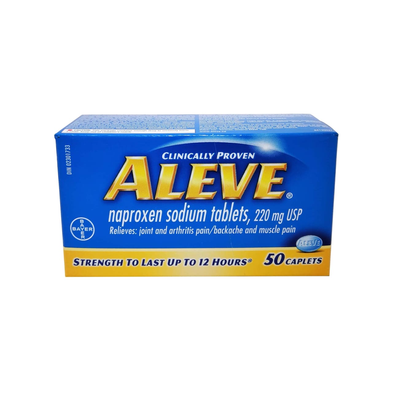 Product label for Aleve Naproxen Sodium 220mg (50 caplets) in English