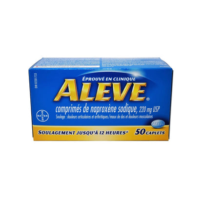 Product label for Aleve Naproxen Sodium 220mg (50 caplets) in French