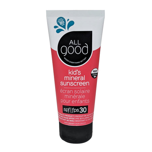 Front package for All Good Mineral Sunscreen Lotion for Kids SPF30 in English and French