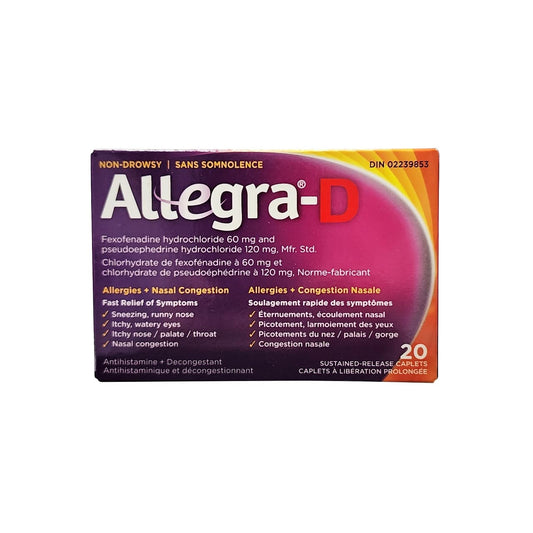 Product label for Allegra-D Non Drowsy Antihistamine + Nasal Decongestant (20 caplets)