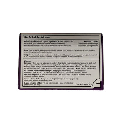 Ingredients, uses, and warnings for Allegra-D Non Drowsy Antihistamine + Nasal Decongestant (30 caplets)
