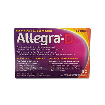 Product label for Allegra-D Non Drowsy Antihistamine + Nasal Decongestant (30 caplets)