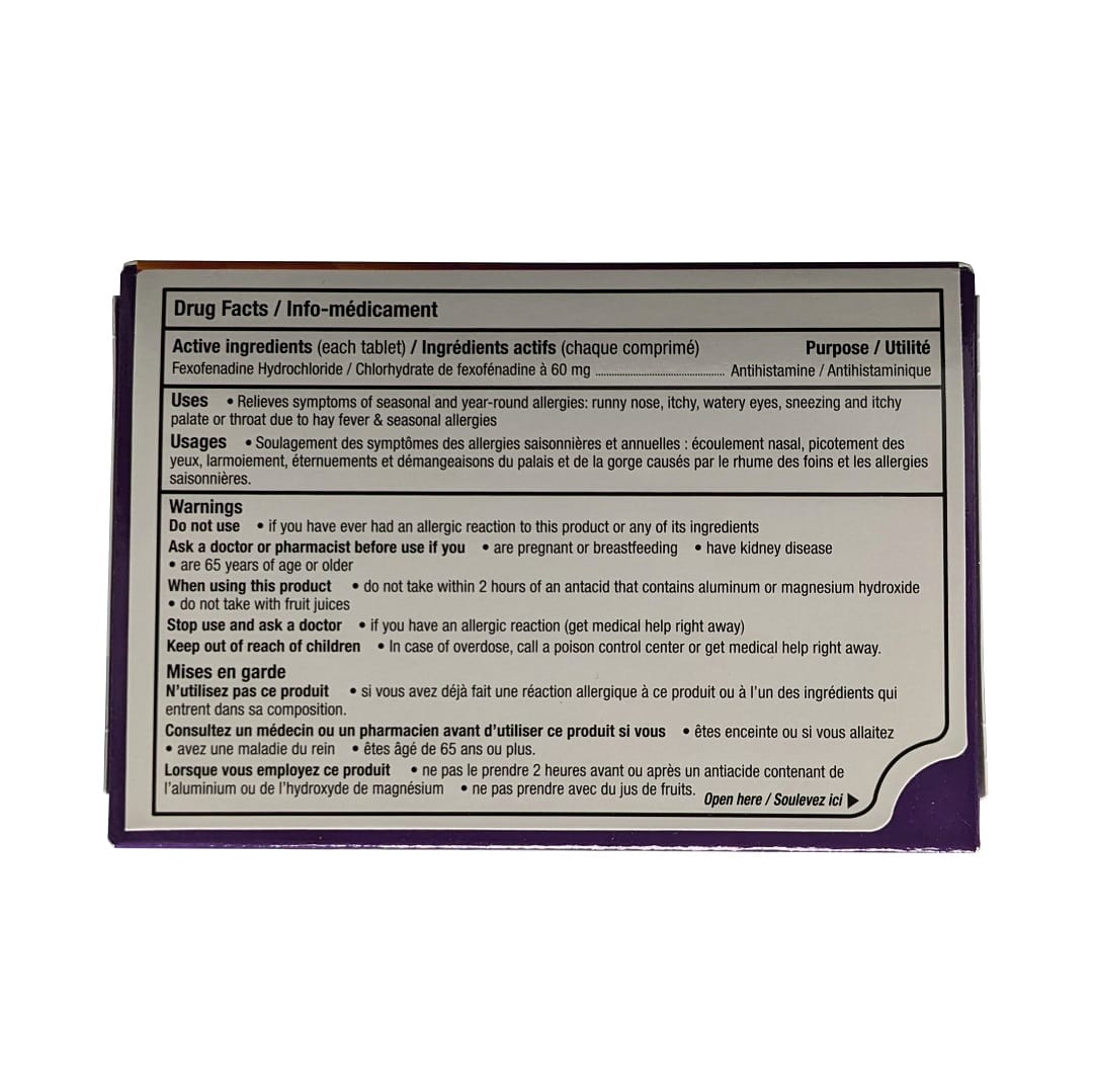 Ingredients, uses, and warnings for Allegra Non Drowsy 12-Hour Relief Fexofenadine Hydrochloride 60 mg (12 tablets)