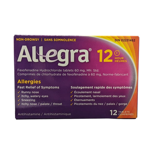 Product label for Allegra Non Drowsy 12-Hour Relief Fexofenadine Hydrochloride 60 mg (12 tablets)