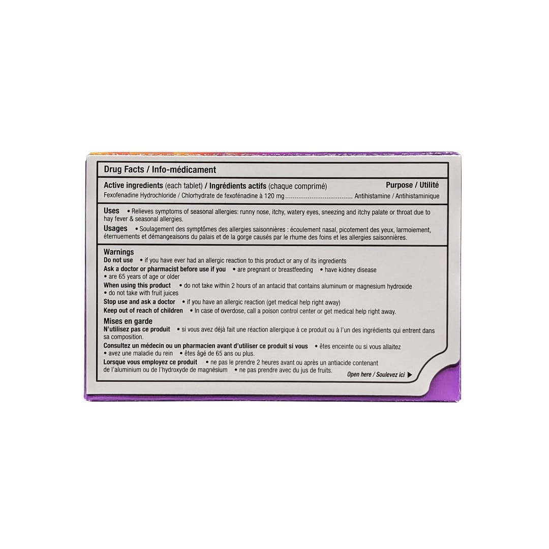 Ingredients, uses, warnings for Allegra Non Drowsy 24-hour Relief Fexofenadine Hydrochloride 120 mg (12 tablets)