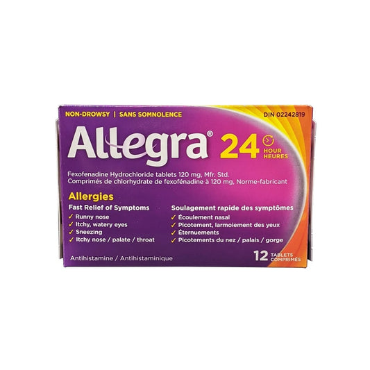 Product label for Allegra Non Drowsy 24-hour Relief Fexofenadine Hydrochloride 120 mg (12 tablets)