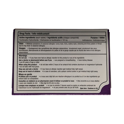 Ingredients, uses, and warnings for Allegra Non Drowsy 24-hour Relief Fexofenadine Hydrochloride 120 mg (6 tablets)