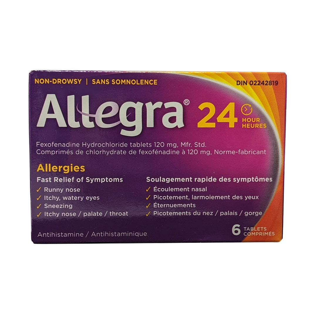 Product label for Allegra Non Drowsy 24-hour Relief Fexofenadine Hydrochloride 120 mg (6 tablets)