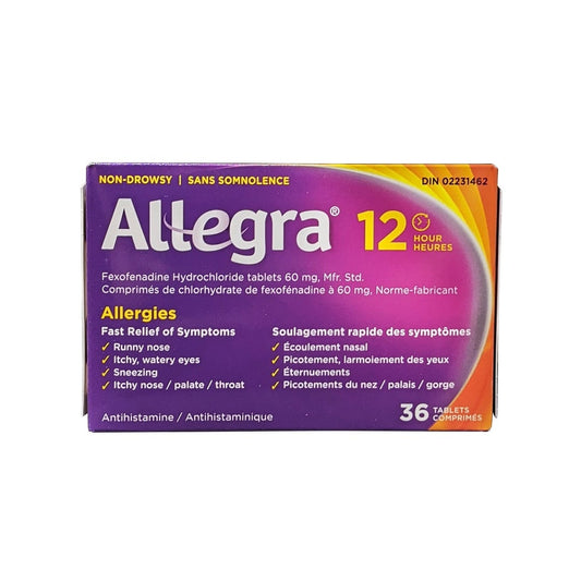 Product label for Allegra Non Drowsy 12-Hour Relief Fexofenadine Hydrochloride 60 mg (36 tablets)