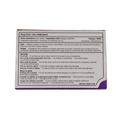 Ingredients, uses, warnings for Allegra Non Drowsy 12-Hour Relief Fexofenadine Hydrochloride 60 mg (36 tablets)