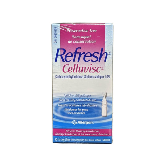 Product label for Allergan Refresh Celluvisc Lubricant Eye Drops (30 x 0.4 mL) in English