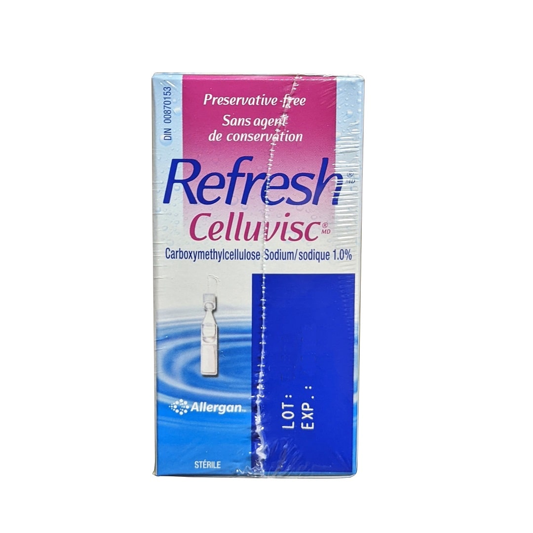 Product label for Allergan Refresh Celluvisc Lubricant Eye Drops (30 x 0.4 mL) in French