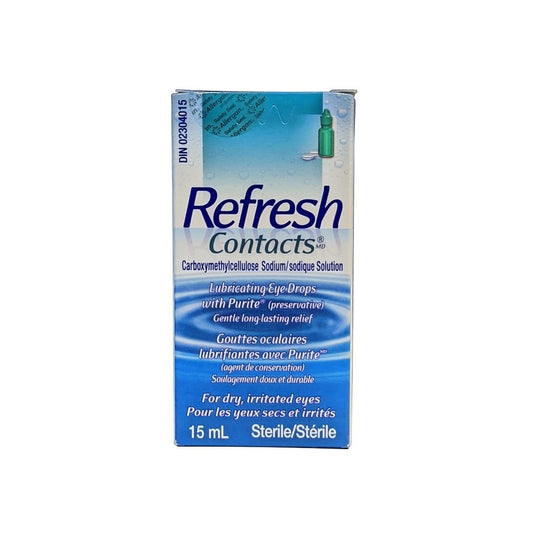 Product label for Allergan Refresh Contacts Lubricating Eye Drops (15 mL)