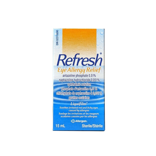 Product label for Allergan Refresh Eye Allergy Relief Eye Drops (15 mL)