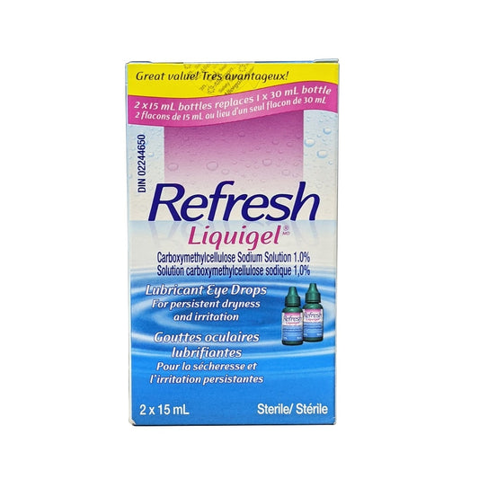 Product label for Allergan Refresh Liquigel Lubricant Eye Drops (2 x 15 mL)