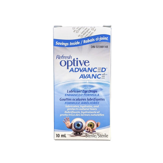 Product label for Allergan Refresh Optive Advanced Lubricant Eye Drops Enhanced Formula (10 mL)