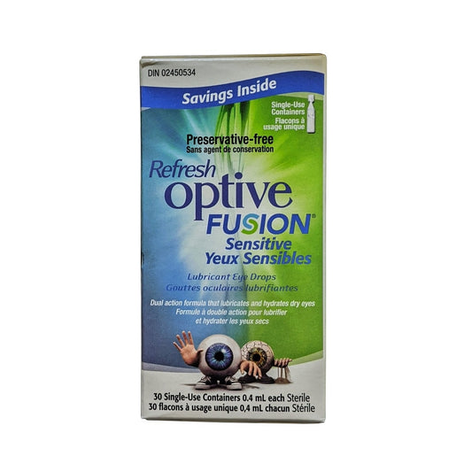 Product label for Allergan Refresh Optive Fusion Sensitive Lubricant Eye Drops (30 x 0.4 mL)
