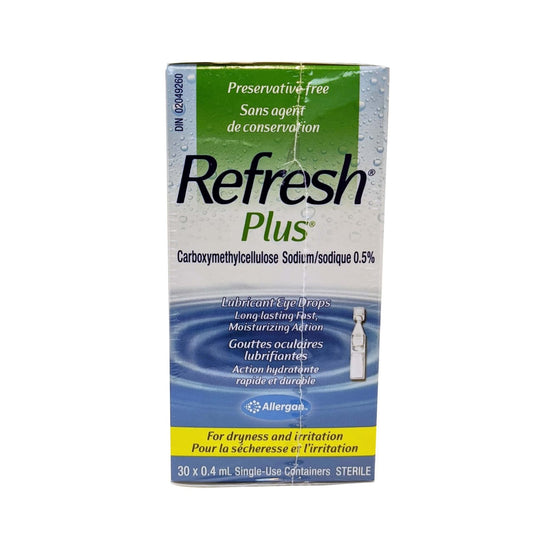 Product label for Allergan Refresh Plus Lubricant Eye Drops in English and French