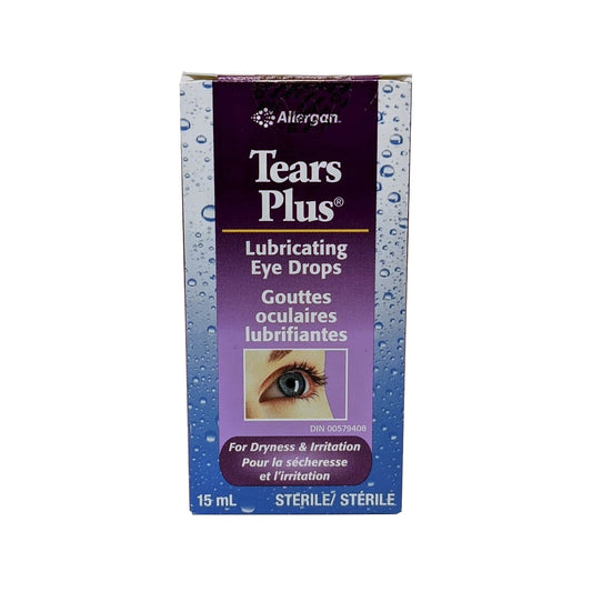 Package label for Allergan Tears Plus Lubricating Eye Drops 15 mL in English and French