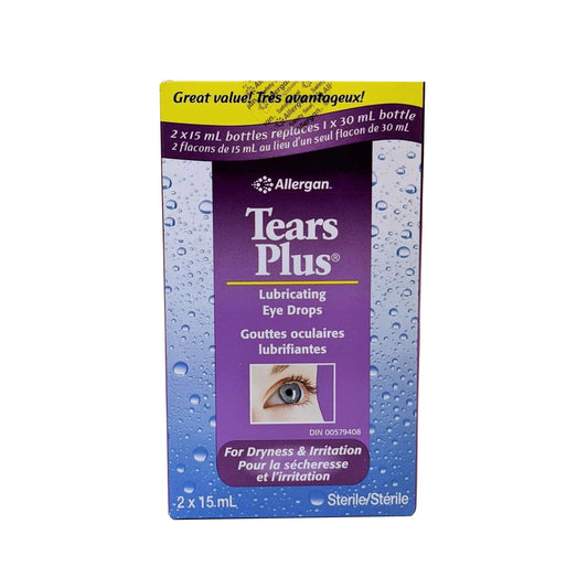 Product label for Allergan Tears Plus Lubricating Eye Drops 2 x 15 mL in English and French