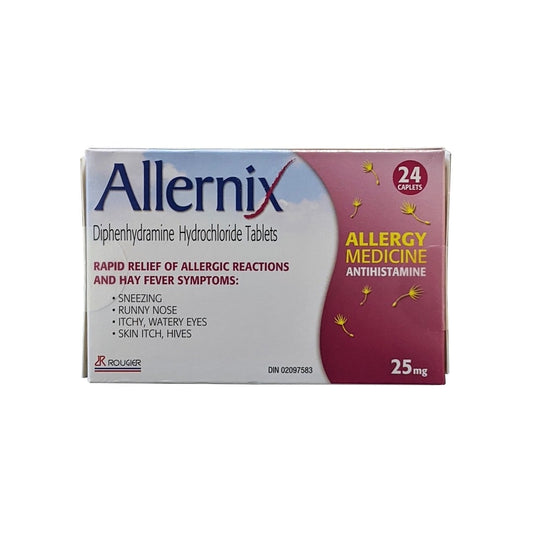 Product label for Allernix Diphenhydramine Hydrochloride 25 mg Tablets (24 caplets) in English