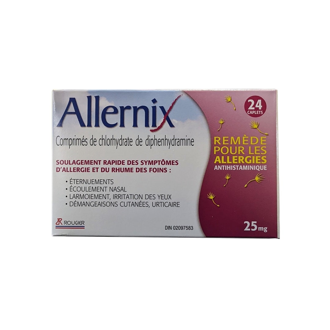 Product label for Allernix Diphenhydramine Hydrochloride 25 mg Tablets (24 caplets) in French