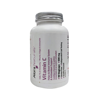 Product label for Alora Naturals Vitamin C 500 mg (90 capsules)