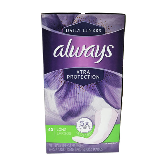 Product label for Always Daily Liners Xtra Protection Long