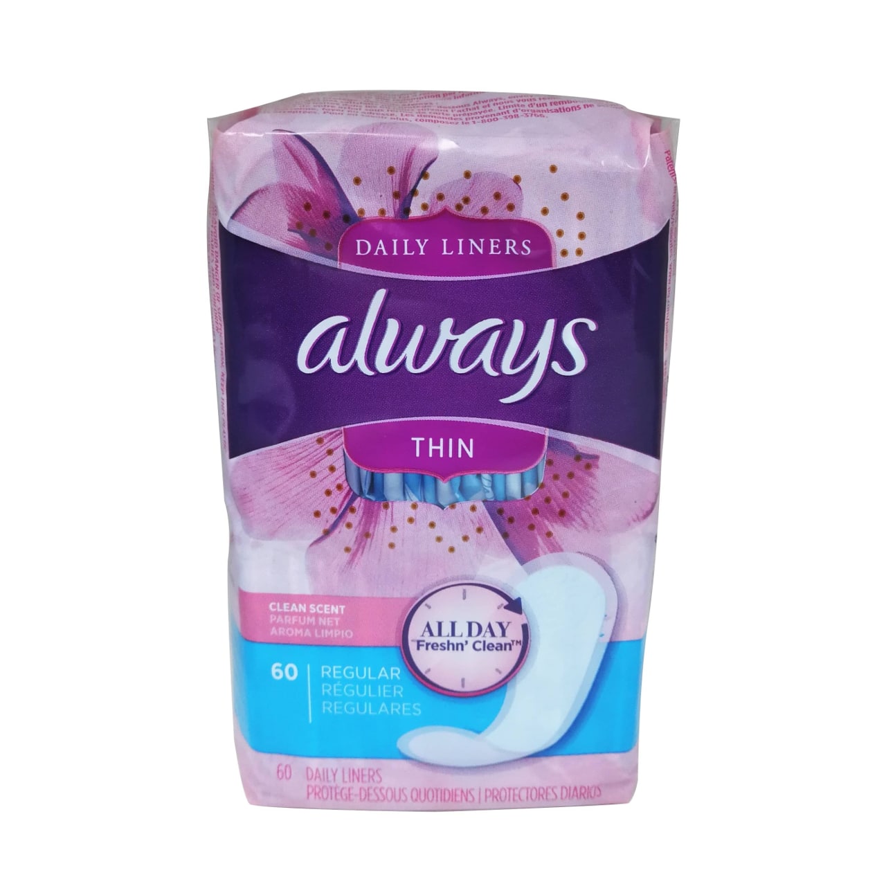 Package label for Always Daily Liners Thin Regular 