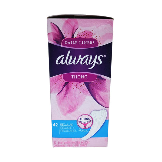 Product label for Always Daily Liners Thong Regular 