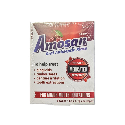 Product label for Amosan Oral Antiseptic Rinse Cherry Flavour (12 x 1.7 grams) in English