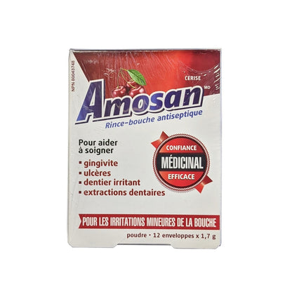 Product label for Amosan Oral Antiseptic Rinse Cherry Flavour (12 x 1.7 grams) in French