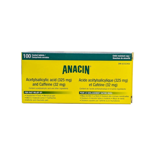 Product label for Anacin Acetylsalicylic Acid (325 mg) & Caffiene (32 mg) (100 tablets)