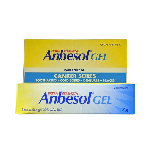 Product label for Anbesol Extra Strength 20% Gel Oral Pain Relief (7 grams)