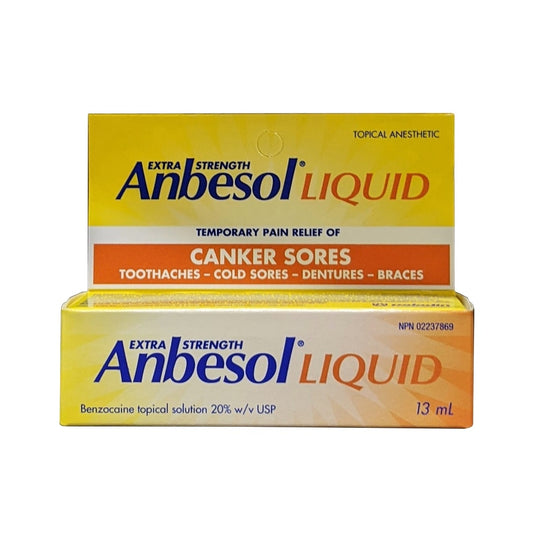 Product label for Anbesol Extra Strength Liquid for Canker Sores (13 mL) 