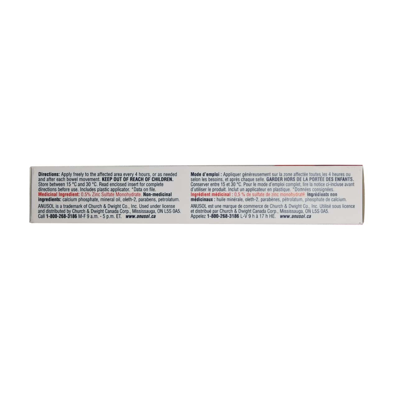 Product details, directions, ingredients, and warnings for Anusol Multi-Symptom Hemorrhoidal Ointment in French and English