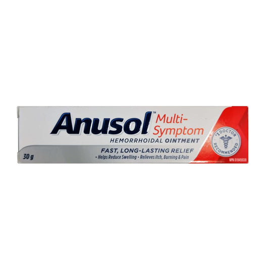 Product package for Anusol Multi-Symptom Hemorrhoidal Ointment in English
