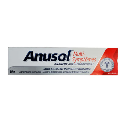 Product package for Anusol Multi-Symptom Hemorrhoidal Ointment in French