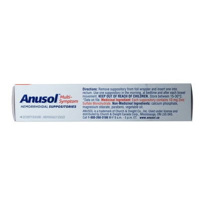 Product details, directions, ingredients, and warnings for Anusol Multi-Symptom Hemorrhoidal Suppositories in English
