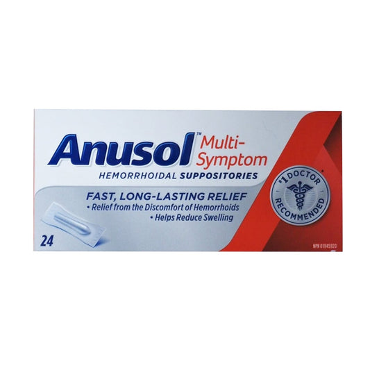 Product package for Anusol Multi-Symptom Hemorrhoidal Suppositories in English