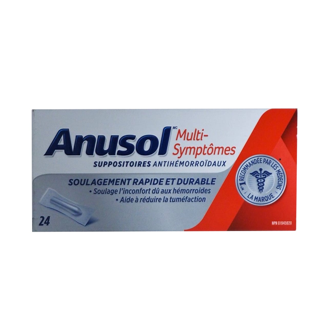Product package for Anusol Multi-Symptom Hemorrhoidal Suppositories in French