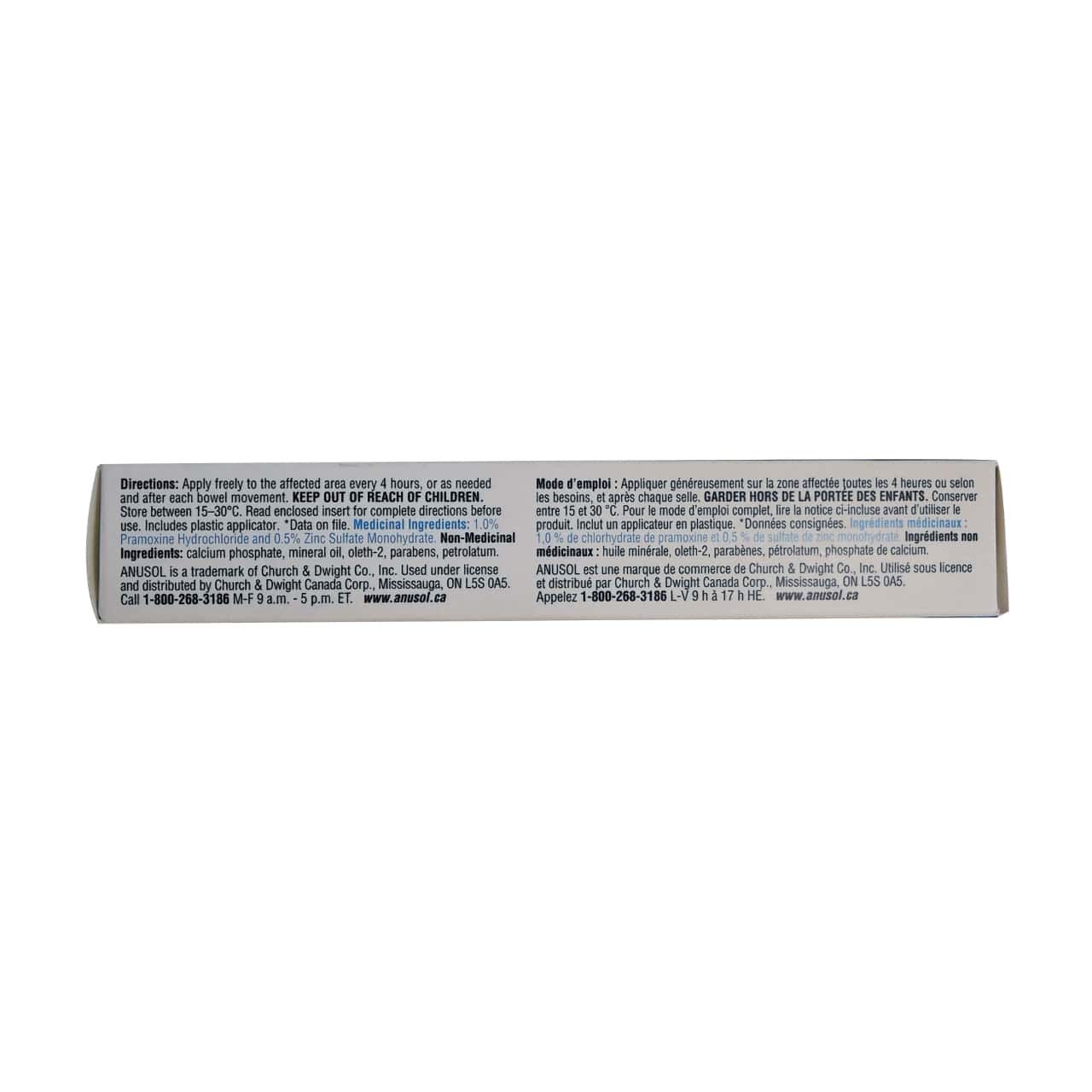 Product details, directions, ingredients, and warnings for Anusol Plus Hemorrhoidal Ointment with Anesthetic in English and French
