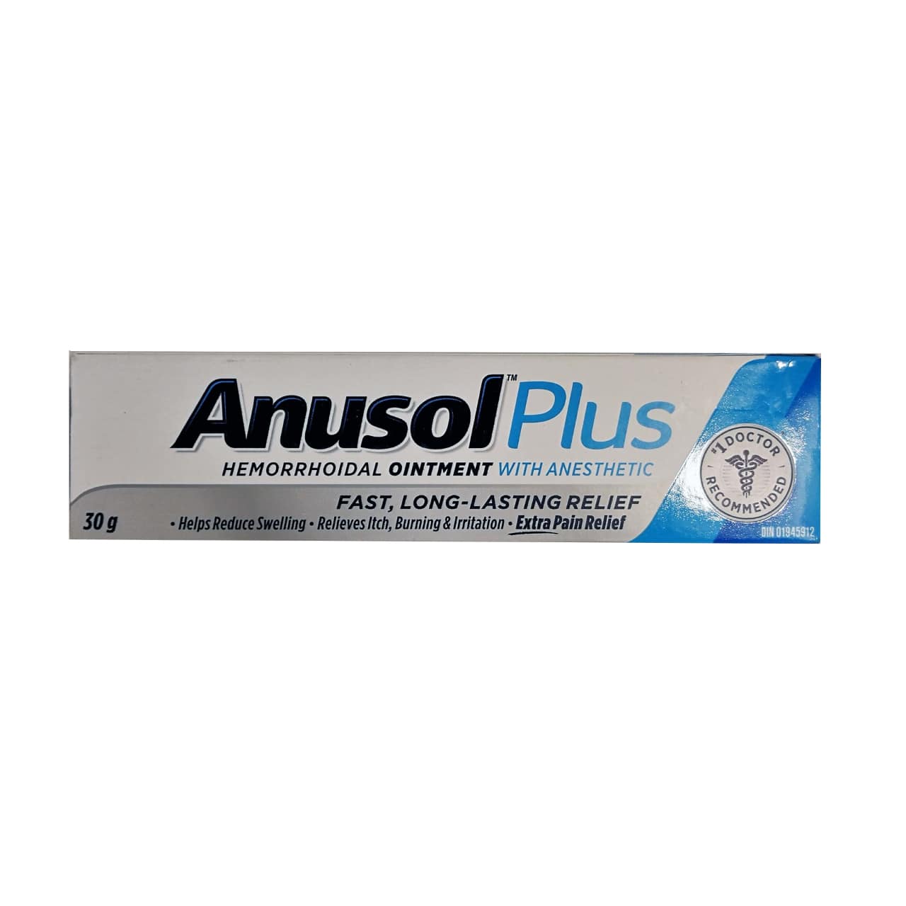 Product package for Anusol Plus Hemorrhoidal Ointment with Anesthetic in English