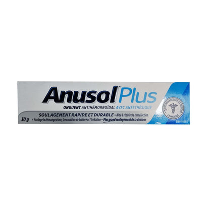 Product package for Anusol Plus Hemorrhoidal Ointment with Anesthetic in French