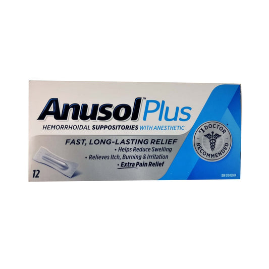 Product package for Anusol Plus Hemorrhoidal Suppositories with Anesthetic 12 pack in English