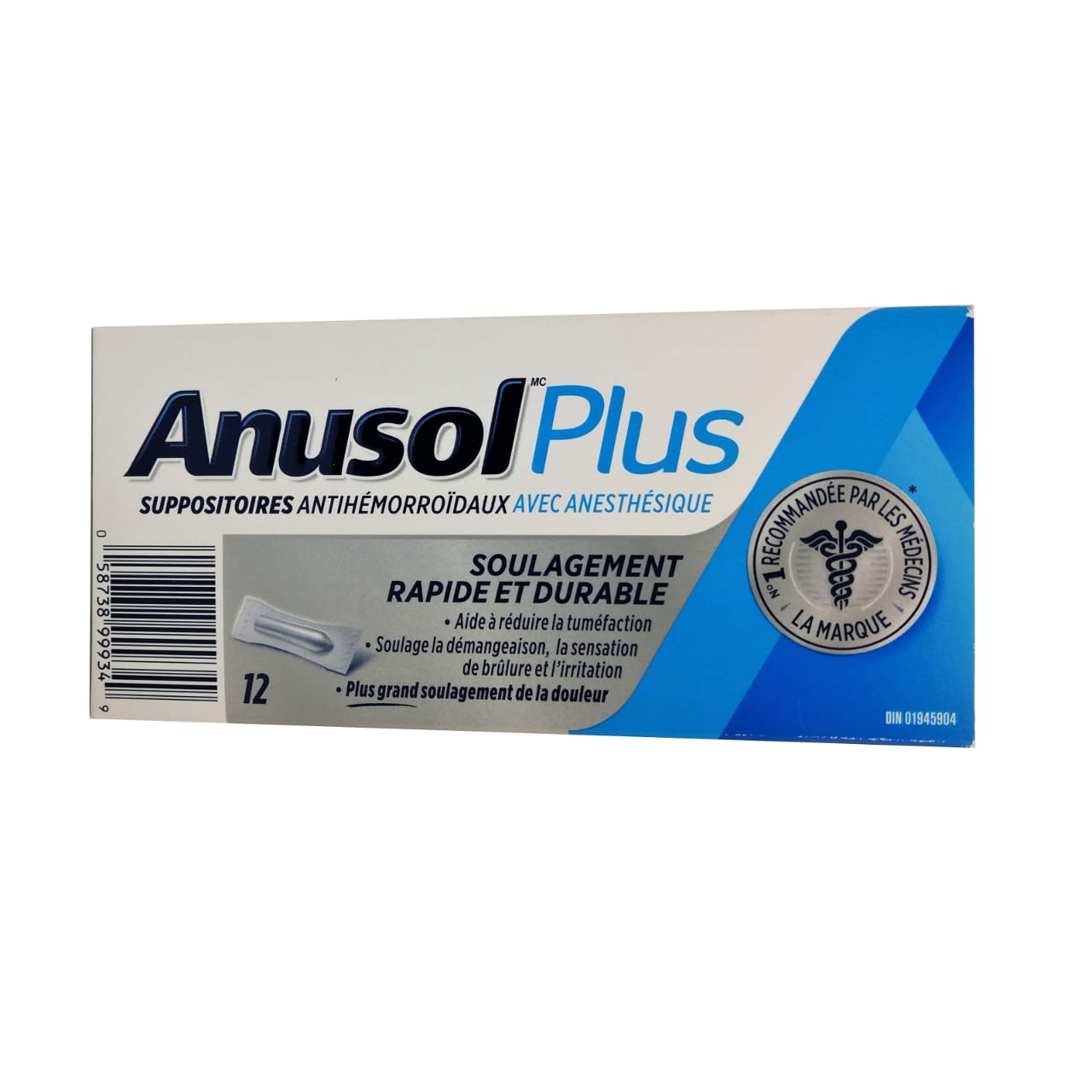 Product package for Anusol Plus Hemorrhoidal Suppositories with Anesthetic 12 pack in French