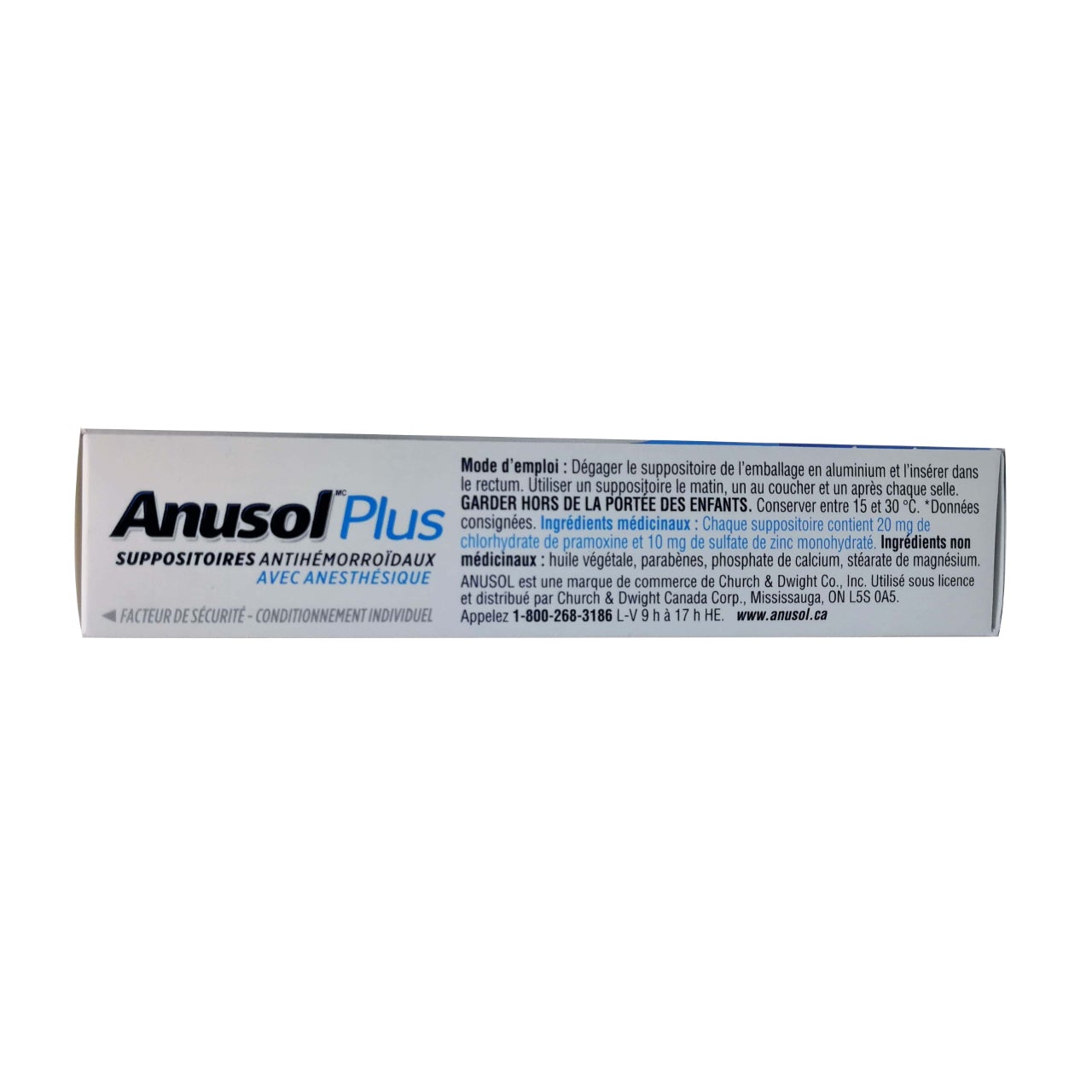 Product details, directions, ingredients, and cautions for Anusol Plus Hemorrhoidal Suppositories with Anesthetic (Suppositories) 24 pack in French