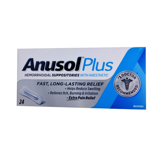 Product package for Anusol Plus Hemorrhoidal Suppositories with Anesthetic 24 pack in English