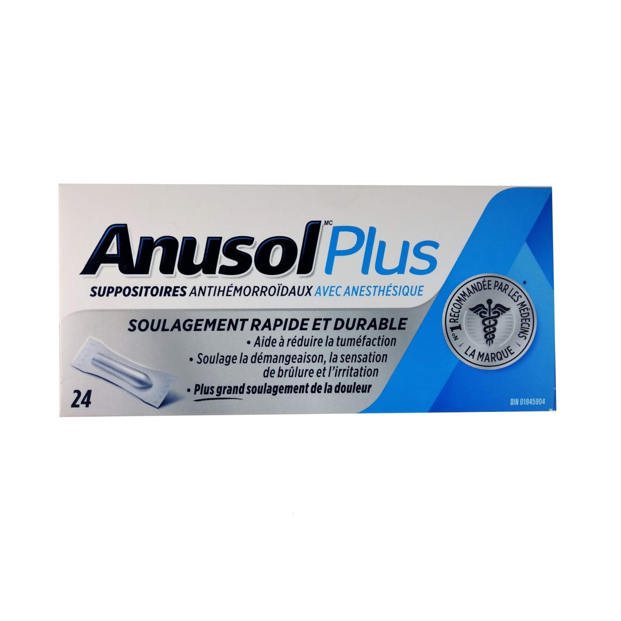 Product package for Anusol Plus Hemorrhoidal Suppositories with Anesthetic 24 pack in French