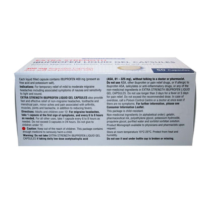 Product details, directions, ingredients, and warnings for Apothecare Extra Strength Ibuprofen 400mg Gel Caps in English